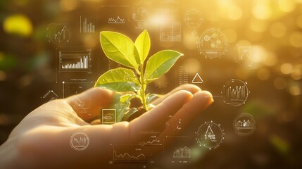 Farmer holding growing plant and evaluating agricultural business investment through virtual monitoring system