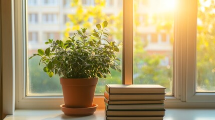 Poster - A cozy corner of a home office with a potted plant and an open window letting in sunlight. The warm light highlights a stack of books. Space at the bottom for captions.
