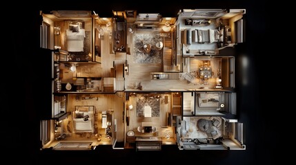 Poster - A detailed 3D render of a residential buildings floor plan, with each section labeled. Plenty of room at the bottom for captions or graphics.