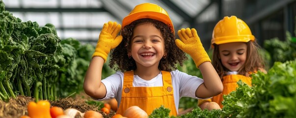 Two joyful girls gardening in a greenhouse with vegetables.