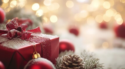 Red christmas present embellished with pine cones, a festive symbol of holiday cheer