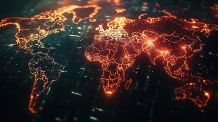 Poster - Digital world map with glowing orange lines representing data connections