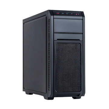 Modern black computer case on a white isolated background.