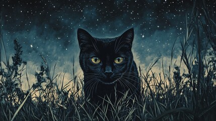 Black Cat Under a Starry Sky