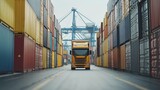 Truck navigating narrow passageway amidst stacks of shipping containers, glimpse into modern logistics