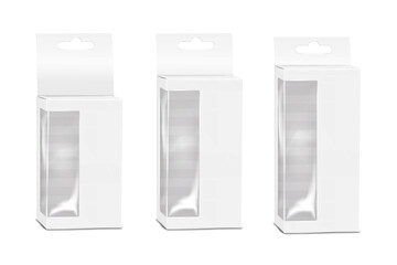 Wall Mural - thin white paperboard transparent window box with tuck-in flap lid, header tab and euro slot hanger.
