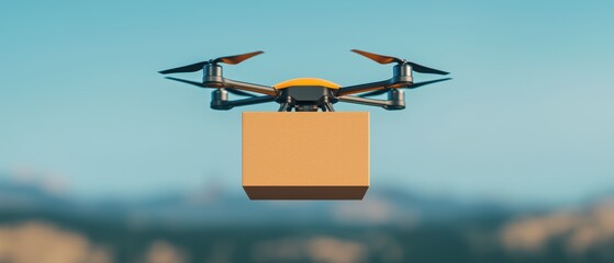 Drone delivering package against a clear blue sky, innovative delivery service concept.