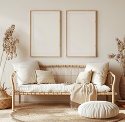 a living room interior with a rattan sofa. two framed posters. and a throw blanket