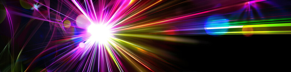 Canvas Print - Bright, multi-colored rays on a black background. Abstract background for banner.
