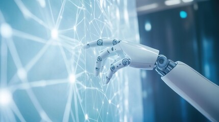 Poster - Robot hand interacting with digital network interface, futuristic technology concept