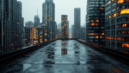 Rooftop view of a cityscape after rain, showcasing modern skyscrapers illuminated at dusk.