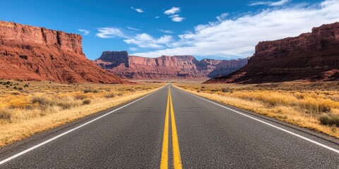 Scenic highway through vast open landscape with dramatic red rock formations under a bright blue sky.