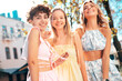 © halayalex - Three young beautiful smiling hipster female in trendy summer stylish clothes. Sexy carefree women posing in the street. Positive models having fun, hugging and going crazy, in sunny day, sunglasses