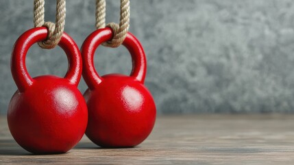 Two red kettlebells hanging from ropes, rustic background with a focus on fitness and exercise equipment.