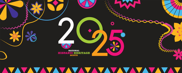 Hispanic American heritage month 2025 happy new year. Vector web banner, poster, card for social media, networks. Greeting with national Hispanic heritage month text, ornament on blue background.	