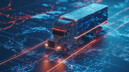 Poster - 3D truck model on digital map, glowing lines, futuristic design