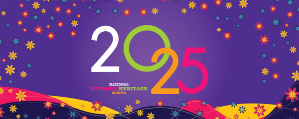 Hispanic American heritage month 2025 happy new year. Vector web banner, poster, card for social media, networks. Greeting with national Hispanic heritage month text, ornament on blue background.	