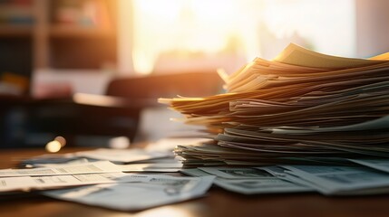 A close-up view of stacked banknotes and papers on a table, illuminated by warm sunlight, suggesting themes of finance and wealth.