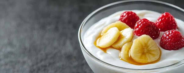 A creamy yogurt bowl topped with fresh banana slices and vibrant raspberries, served in a clear dish against a textured dark background.