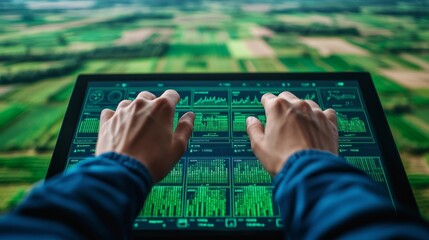 A person interacts with a digital tablet displaying data analytics, overlooking a lush green landscape in a modern agricultural setting.