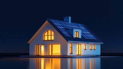 Solar-powered modern home. A stunning white house with solar panels at night.
