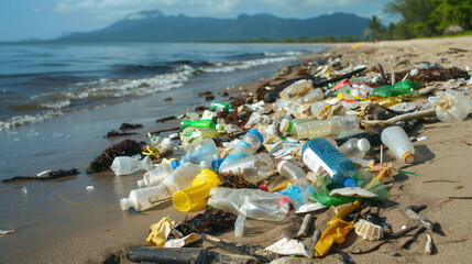 Beach Cleanup Urgency, a vivid depiction of a coastline overwhelmed by plastic debris, highlighting the pressing need for environmental restoration and community action.