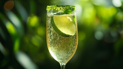 glass of sparkling coctail with lime