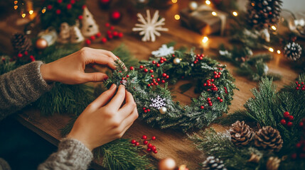 Wall Mural - Person decorate Christmas wreath. 