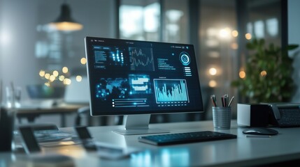 Poster - modern workspace with data analytics dashboard on computer screen