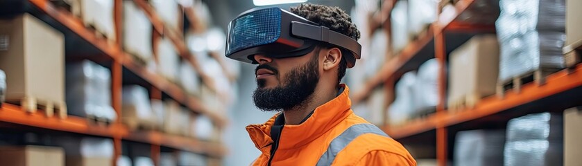 A warehouse worker using augmented reality glasses, picking items with guidance from digital displays