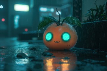 whimsical orange creature with glowing eyes sits in rain, surrounded by misty urban environment. Its playful expression and vibrant color create charming contrast against wet pavement