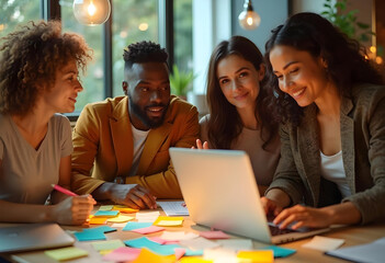 Collaborative team working together on project with laptop and colorful sticky notes. atmosphere is creative and engaging, showcasing teamwork and innovation