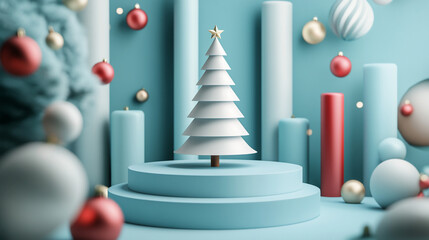 Wall Mural - 3D rendering of a blue background with a podium and Christmas tree. 