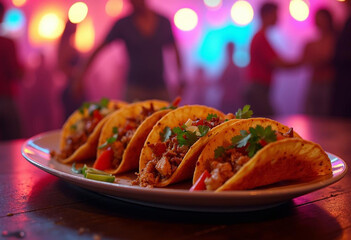 Delicious tacos served on plate, featuring vibrant colors and fresh ingredients, perfect for festive gathering or celebration