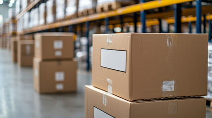 Cardboard boxes stacked in a warehouse, organized and ready for distribution.