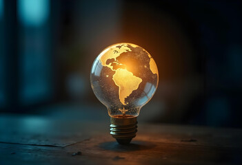 glowing light bulb shaped like Earth symbolizes innovation and sustainability. This captivating image highlights connection between energy and our planet, evoking sense of responsibility