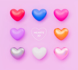Wall Mural - realistic 3d heart set in different colors on pink background. love icon collection for valentines l