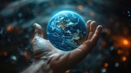 Leinwandbilder - A hand holds up a blue Earth, with a background of cosmic information, a sense of information.