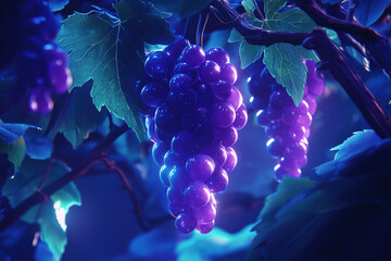 Canvas Print - cluster of glowing purple grapes hangs from lush green leaves, creating magical and enchanting atmosphere. vibrant colors and ethereal light evoke sense of wonder and beauty