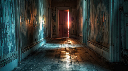 A long, dim hallway in an old, creaky house, with flickering lights and faded wallpaper peeling from the walls. At the end of the hall.