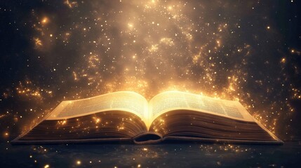 Poster - open book glowing with cosmic light and sparkles, magical atmosphere