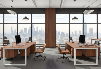 A modern office space with large windows overlooking a city skyline. The room has two desks with office chairs, wooden accents, and industrial-style pendant lights.