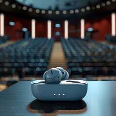 A pair of wireless earphones with an empty auditorium in the background, sleek design.