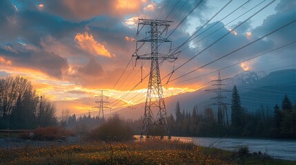 Poster - High voltage electrical towers in line, in any place and any weather, with beautiful visual.