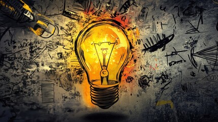 Poster - light bulb illustration with creative sketches and designs, glowing bright