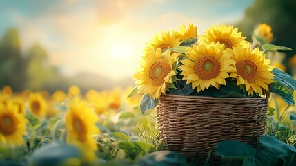 A vibrant basket of sunflowers captures the essence of a sunny day, surrounded by a field of blooming flowers under a warm, glowing sky.