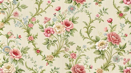  Vintage style stitch pattern wallpaper with a floral design featuring delicate flowers and greenery, furniture, ornate, textile art