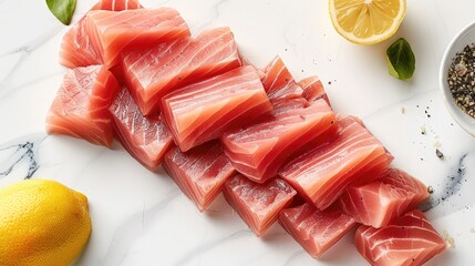 Wall Mural - A pink tuna fillet, sliced and cut into pieces on a white marble background. top view.