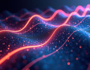 Tech Flow Pulse. Bright digital waves pulse across a dark backdrop, visualizing the rapid movement of data in modern communication systems. Ideal for projects centered around internet speed.