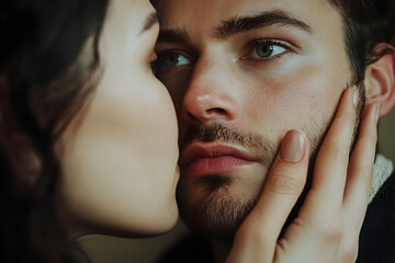 Woman Gently Kissing Man's Cheek in Emotional Close-Up